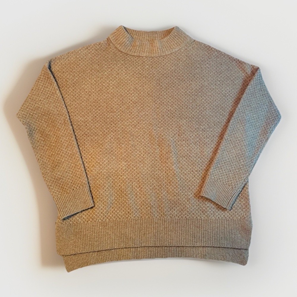 Brass Mock Neck Sweater Womens Medium Tan Honeycomb Knit Wool Blend Relaxed Fit